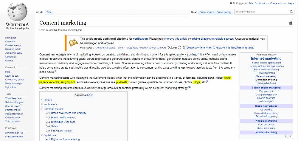 content marketing wikipedia links highlighted